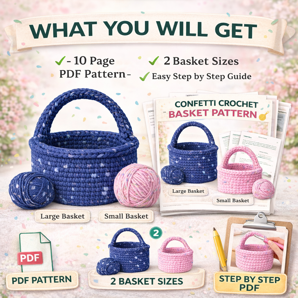 crochet basket pattern pdf preview, confetti crochet basket with two sizes and step by step instructions