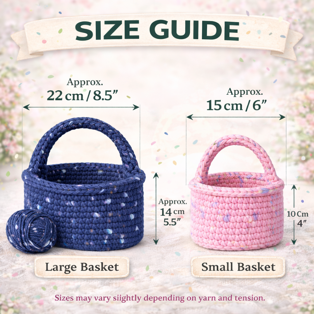 crochet basket size guide showing small and large basket dimensions with measurements