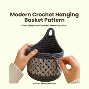 Modern crochet hanging basket pattern with two sizes, grey and beige handmade wall storage basket for home organization