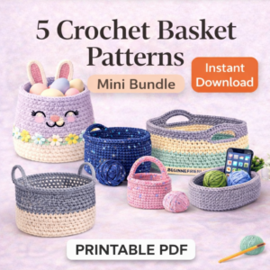 5 crochet basket patterns bundle thumbnail image showing different handmade crochet baskets PDF designs