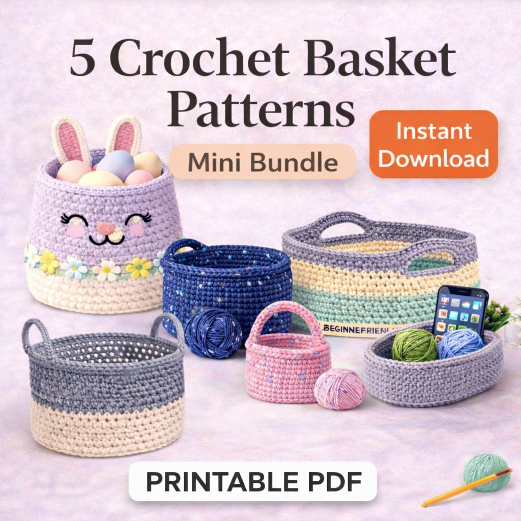 5 crochet basket patterns bundle thumbnail image showing different handmade crochet baskets PDF designs