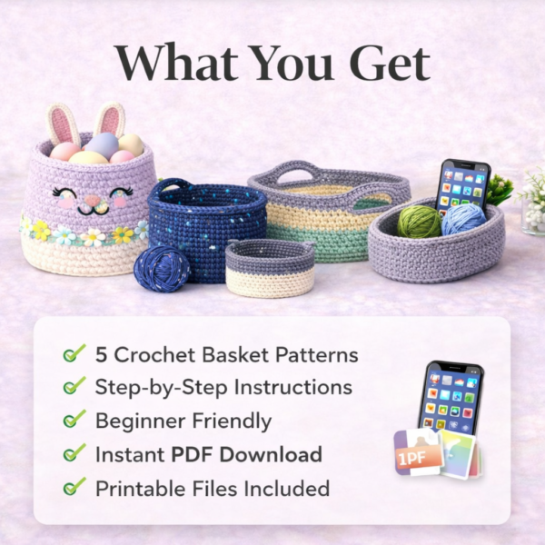 what you get crochet basket patterns bundle showing included PDF designs and basket styles
