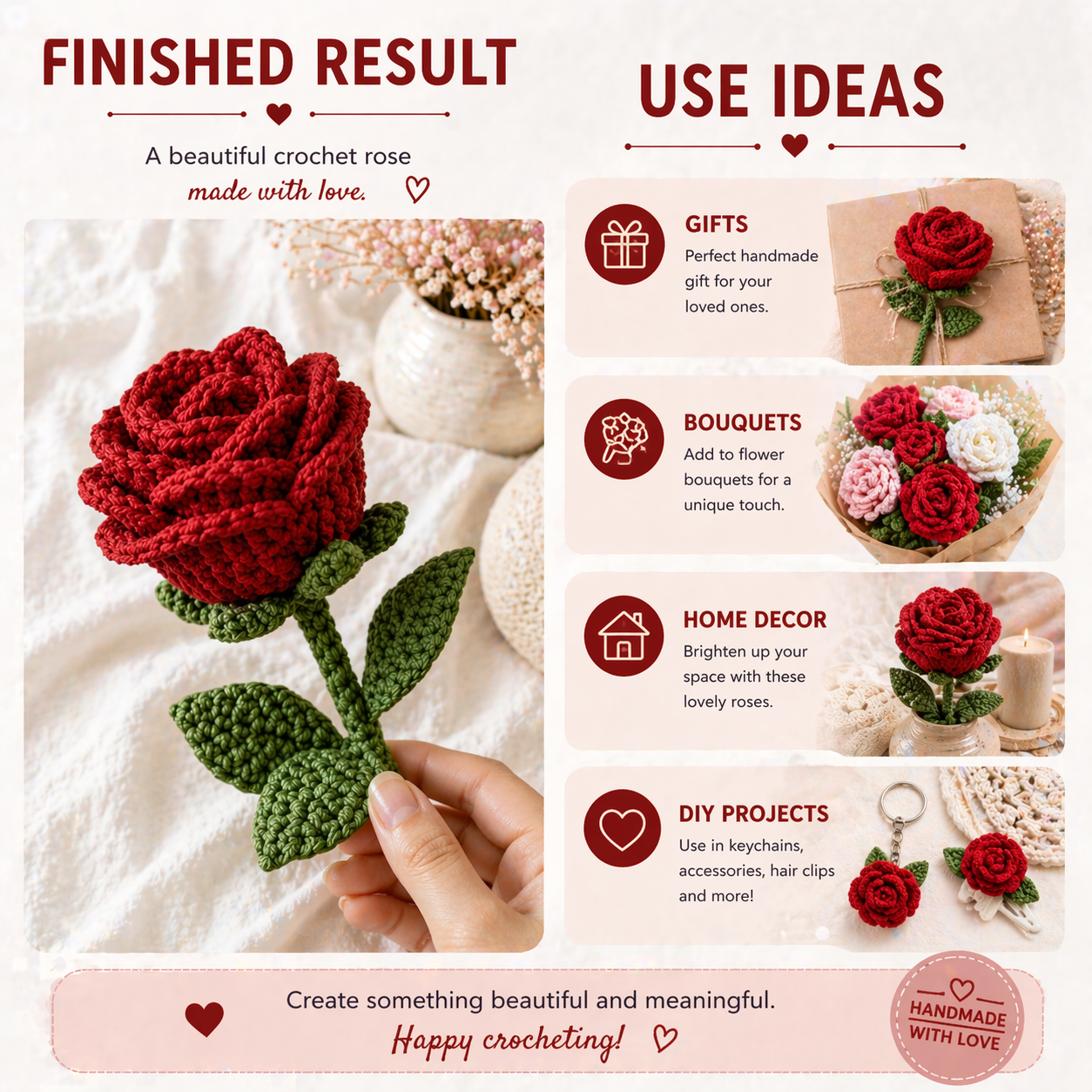 finished crochet rose flower result with creative use ideas for gifts bouquets home decor and diy crochet projects