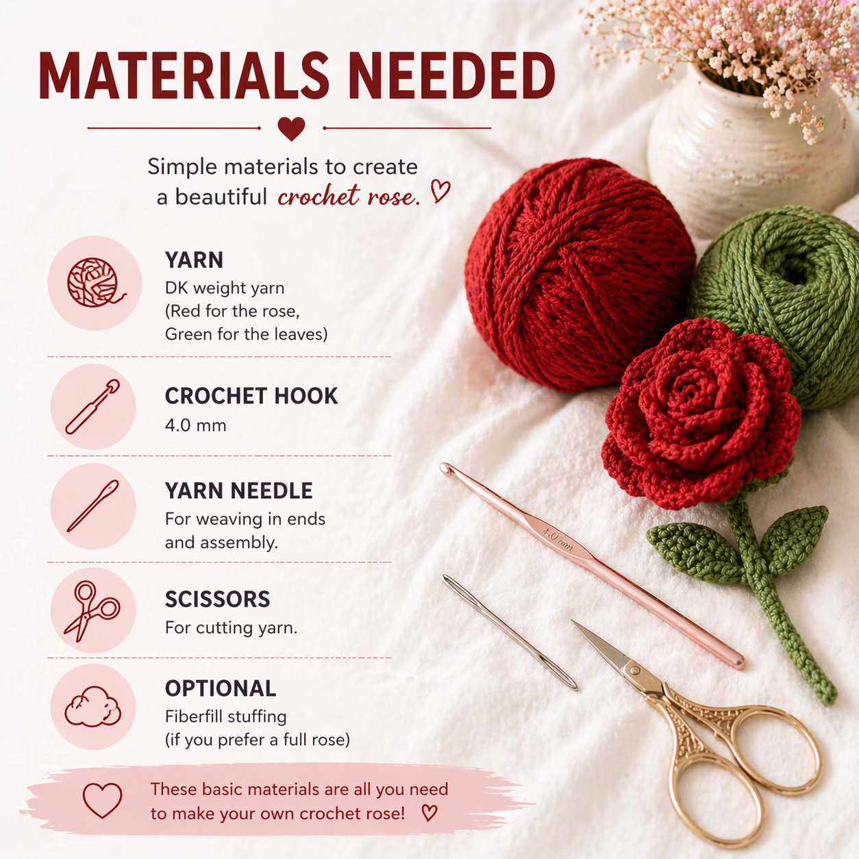 crochet rose pattern materials needed including yarn crochet hook scissors and needle for beginner crochet flower project