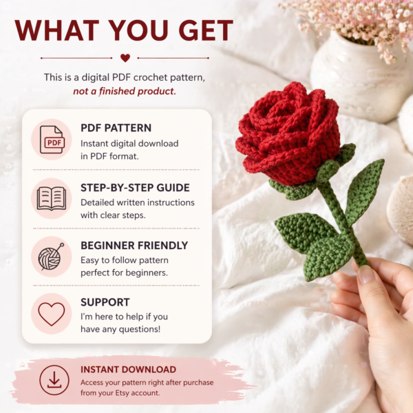 crochet rose pattern pdf what you get details including step by step instructions materials list and beginner friendly guide