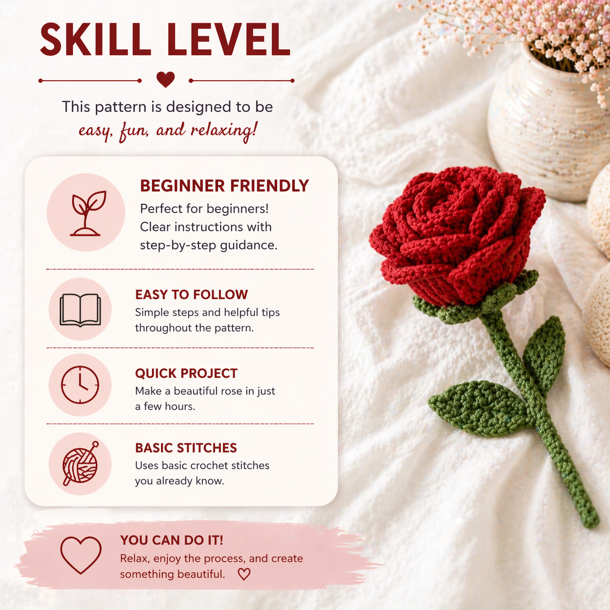 crochet rose pattern skill level beginner friendly easy crochet flower tutorial suitable for beginners and quick diy project