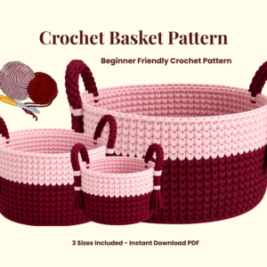 Scalloped crochet basket pattern with handles in maroon and pink, 3 sizes included, handmade crochet storage basket design