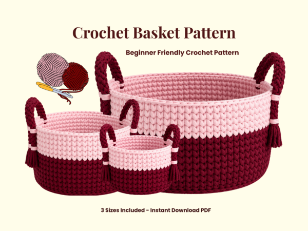 Scalloped crochet basket pattern with handles in maroon and pink, 3 sizes included, handmade crochet storage basket design