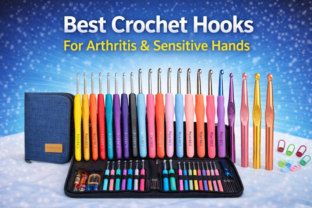 Ergonomic crochet hooks set with soft grip handles for comfortable crocheting beginners and long sessions