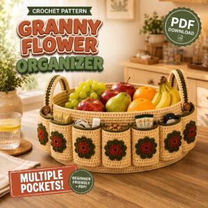 Granny Flower Organizer Basket Crochet Pattern PDF: 10 Pocket Round Storage Bin | Farmhouse Home Decor, Yarn Caddy, Handmade DIY Gift