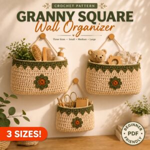 Granny Square Wall Organizer Crochet Pattern PDF: 3 Sizes Hanging Basket | Farmhouse Decor, Nursery Storage, Handmade Boho DIY Gift