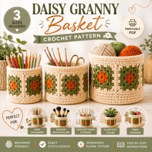 Daisy Granny Basket Crochet Pattern PDF – 3 Sizes Crochet Storage Basket, Pencil Holder & Desk Organizer Pattern