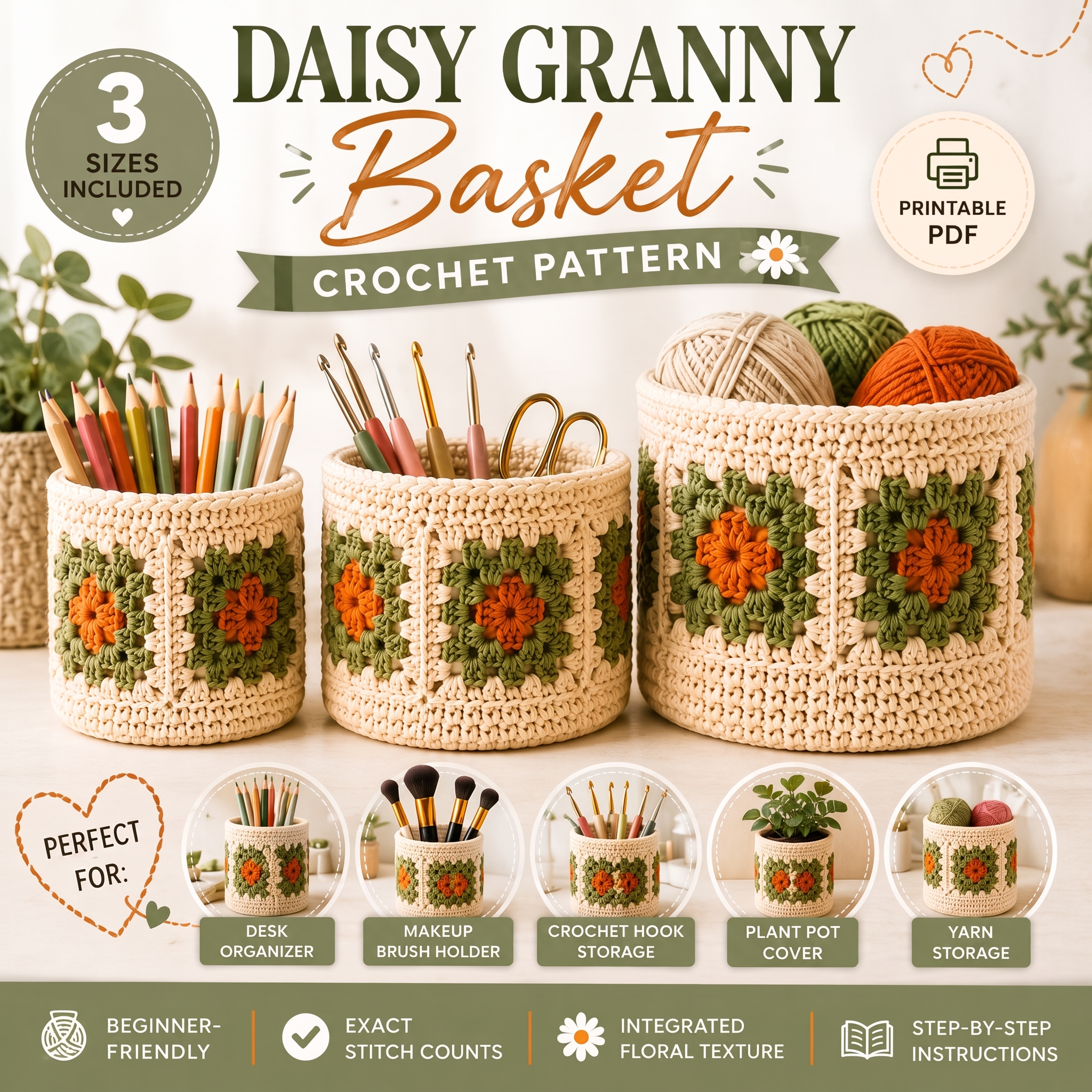 Daisy Granny Basket Crochet Pattern PDF – 3 Sizes Crochet Storage Basket, Pencil Holder & Desk Organizer Pattern