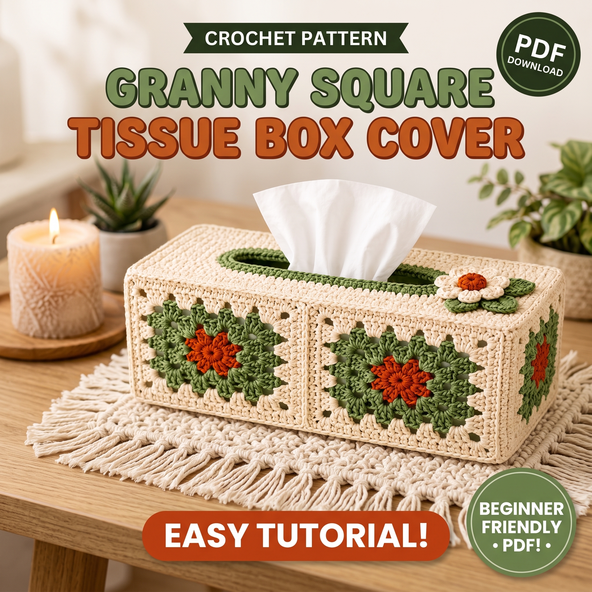 Granny Square Tissue Box Cover Crochet Pattern PDF: Farmhouse Home Decor, Cozy Handmade DIY Gift, Easy Beginner Motif Tutorial