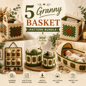 5 Granny Crochet Pattern Bundle PDF – Beginner-Friendly Crochet Basket, Wall Organizer & Moses Basket Patterns