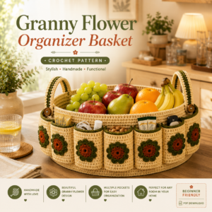 Granny Flower Organizer Basket Crochet Pattern PDF – Round 10 Pocket Storage Basket Pattern for Home Organization & Farmhouse Decor