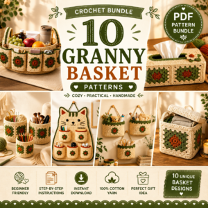 10 Granny Flower Crochet Basket Patterns Bundle PDF for Beginners – Cozy Farmhouse Storage Basket Crochet Patterns Collection