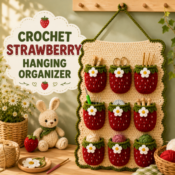 Crochet strawberry hanging organizer pattern displayed on a soft cream background with cozy handmade craft styling.