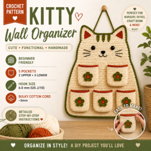 Cute Crochet Kitty Wall Organizer Pattern PDF | DIY Cat Pocket Storage Crochet Pattern for Boho Home Decor