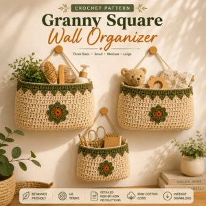 Granny Square Wall Organizer Crochet Pattern PDF – Beginner Friendly Flat Back Hanging Basket Pattern for Cozy Home Decor