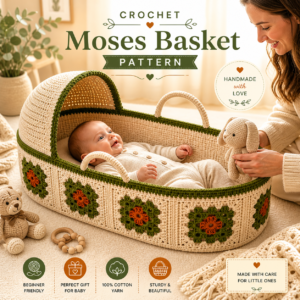 Crochet Moses basket with baby inside, granny square baby bassinet pattern, handmade crochet nursery basket in soft warm setting