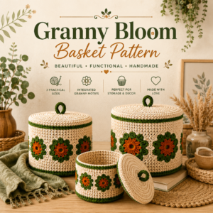 Crochet Basket Pattern PDF – Granny Bloom Storage Basket Set with Lid, 3 Sizes, Boho Home Decor Pattern