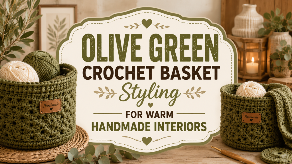 Olive green crochet basket styling for warm handmade farmhouse interiors