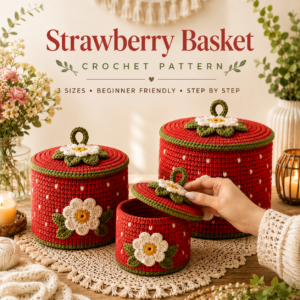 Strawberry Crochet Basket Pattern PDF – Floral Storage Basket Tutorial, Beginner Friendly Lid Container Pattern, 3 Sizes Included