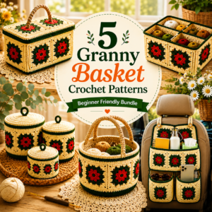 5 Granny Basket Crochet Patterns Bundle PDF | Granny Square Storage Basket Set, Organizer Box, Tote Bag, Canister Collection, Instant Download