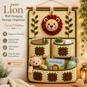 Lion Wall Hanging Crochet Pattern PDF – Nursery Wall Organizer with Granny Square Pockets | Instant Digital Download
