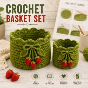 Strawberry Blossom Basket Crochet Pattern PDF | Medium & Mini Storage Basket Set with Leaf Bow & Strawberry Accents