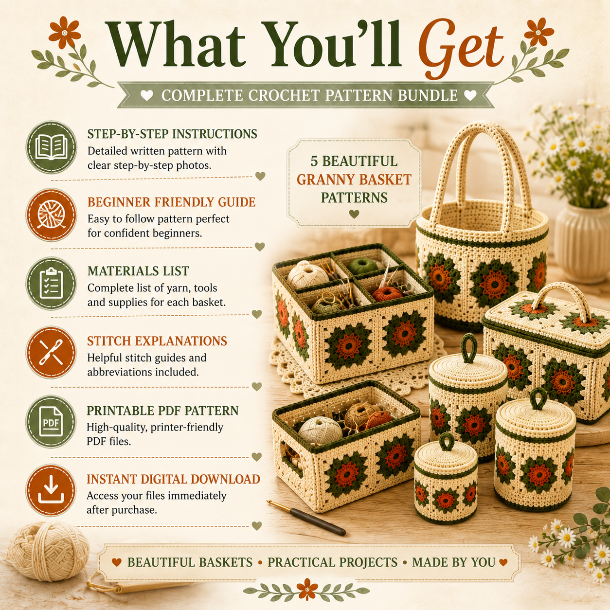 5 Granny Basket Crochet Patterns Bundle PDF | Instant Download