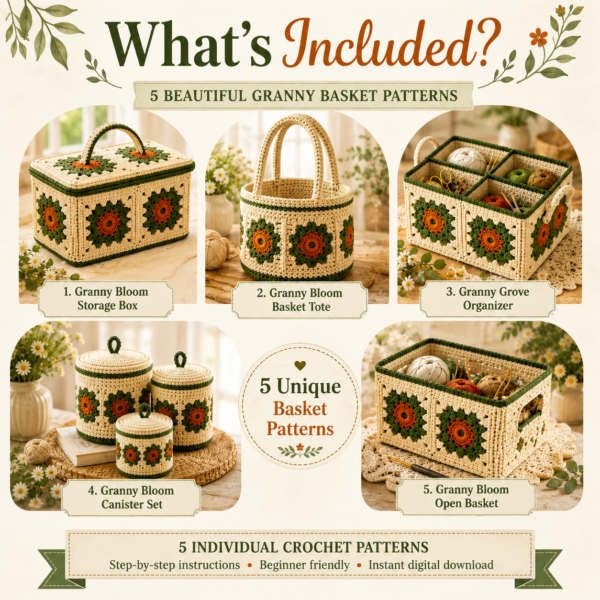5 Granny Basket Crochet Patterns Bundle PDF | Instant Download