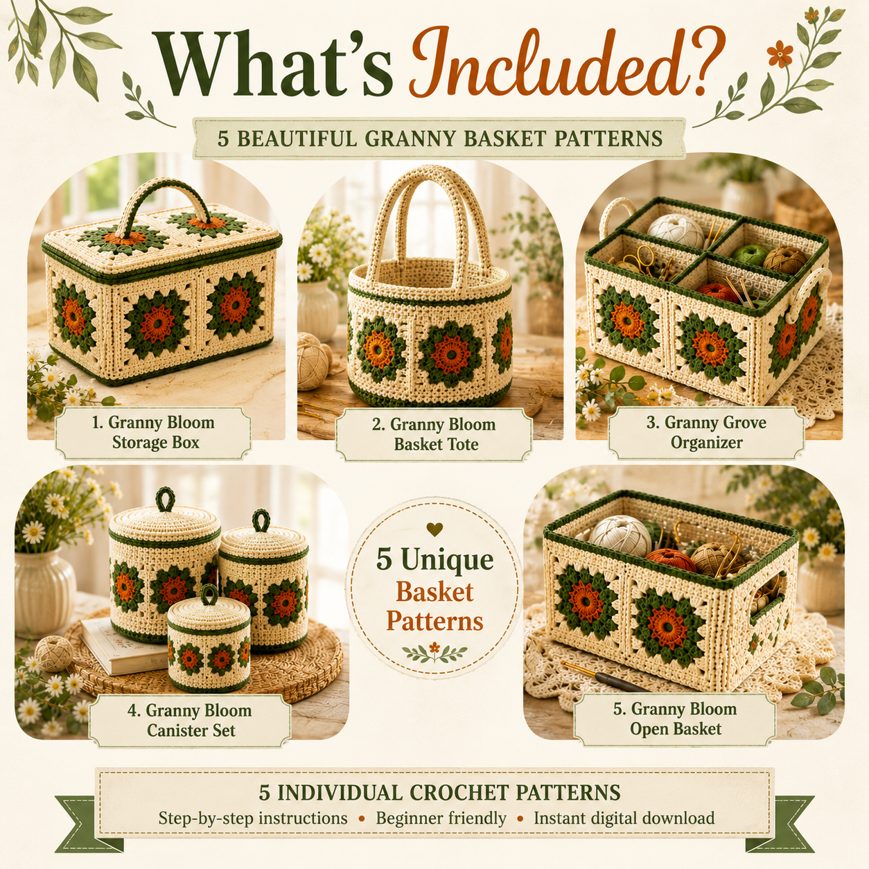 5 Granny Basket Crochet Patterns Bundle PDF | Instant Download