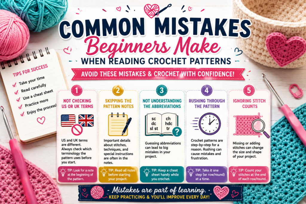 Common mistakes beginners make when reading crochet patterns and abbreviations.