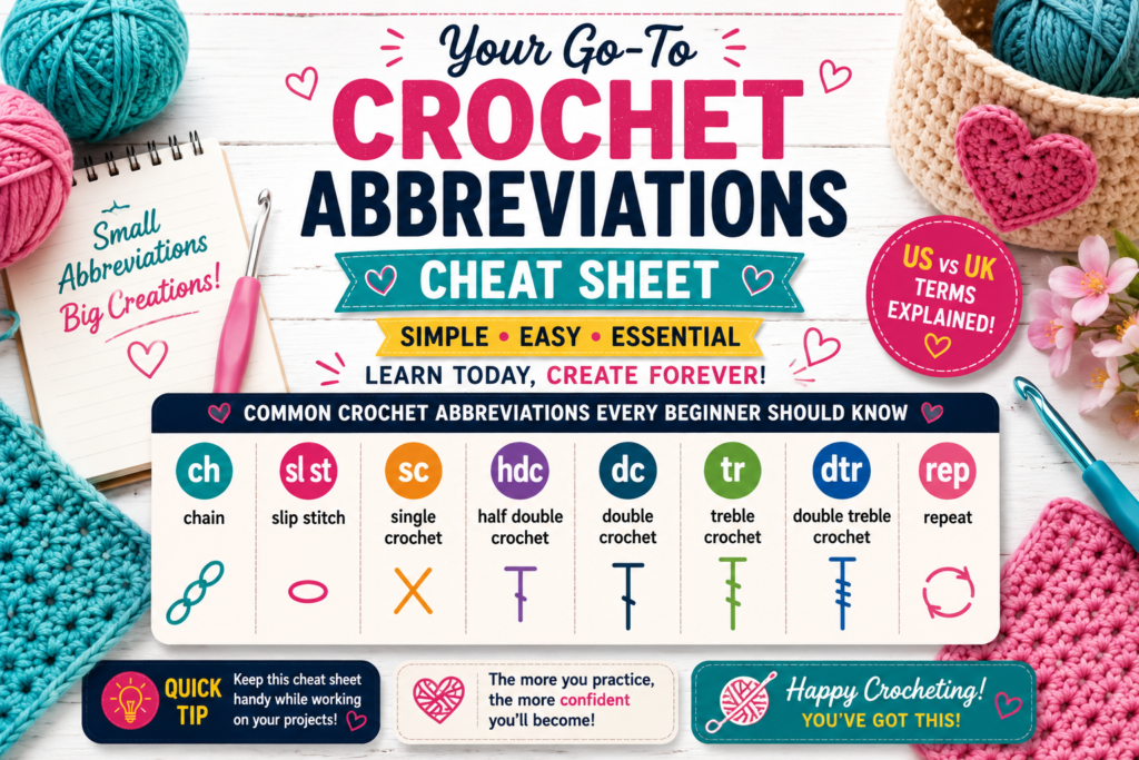 Printable crochet abbreviations cheat sheet with essential crochet terms for beginners.