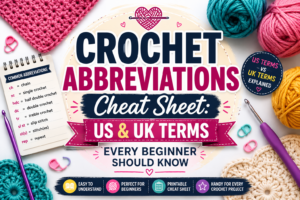 Crochet abbreviations cheat sheet showing common US and UK crochet terms for beginners.