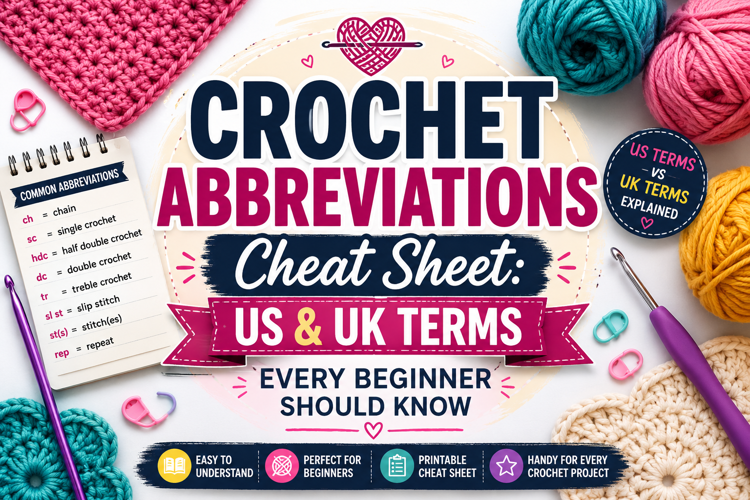 Crochet abbreviations cheat sheet showing common US and UK crochet terms for beginners.