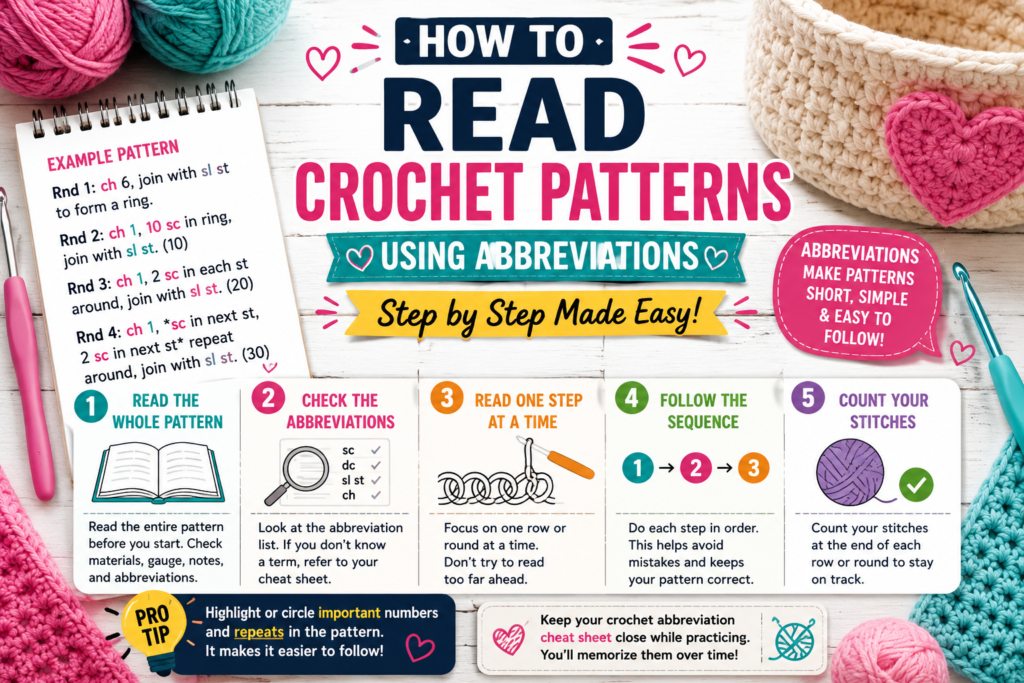 Step-by-step guide showing how to read crochet patterns using abbreviations.