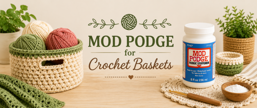 Crochet basket with Mod Podge fabric stiffener for creating a firm and durable handmade basket.