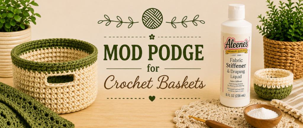 Fabric stiffener liquid for making crochet baskets stronger while maintaining a neat professional shape.
