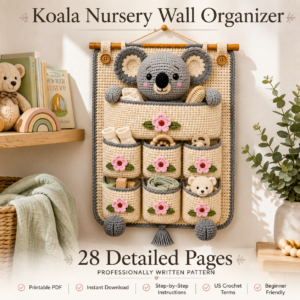 Crochet koala wall organizer hanging in a modern nursery with baby essentials stored in decorative crochet pockets, printable PDF pattern.