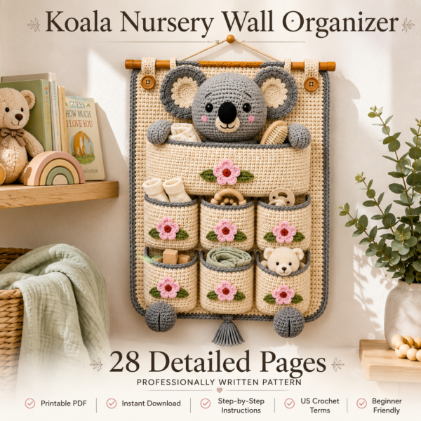Crochet koala wall organizer hanging in a modern nursery with baby essentials stored in decorative crochet pockets, printable PDF pattern.