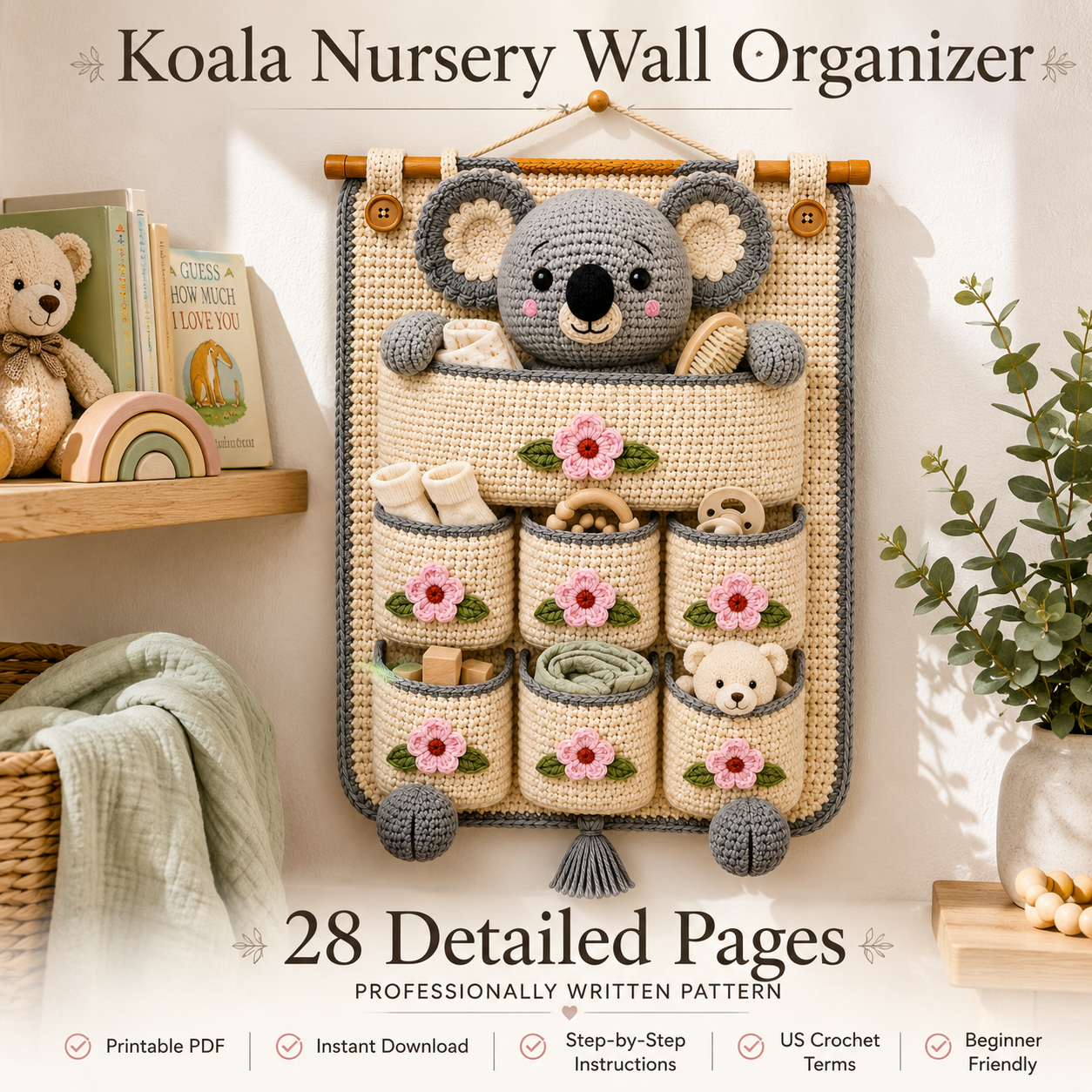 Crochet koala wall organizer hanging in a modern nursery with baby essentials stored in decorative crochet pockets, printable PDF pattern.