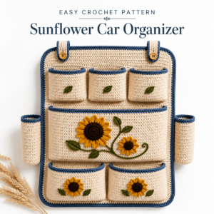 Handmade sunflower crochet car seat organizer hanging on a vehicle seat with practical storage for road trips, kids' essentials, and travel accessories.