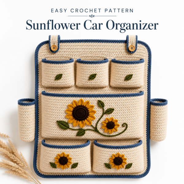 Handmade sunflower crochet car seat organizer hanging on a vehicle seat with practical storage for road trips, kids' essentials, and travel accessories.