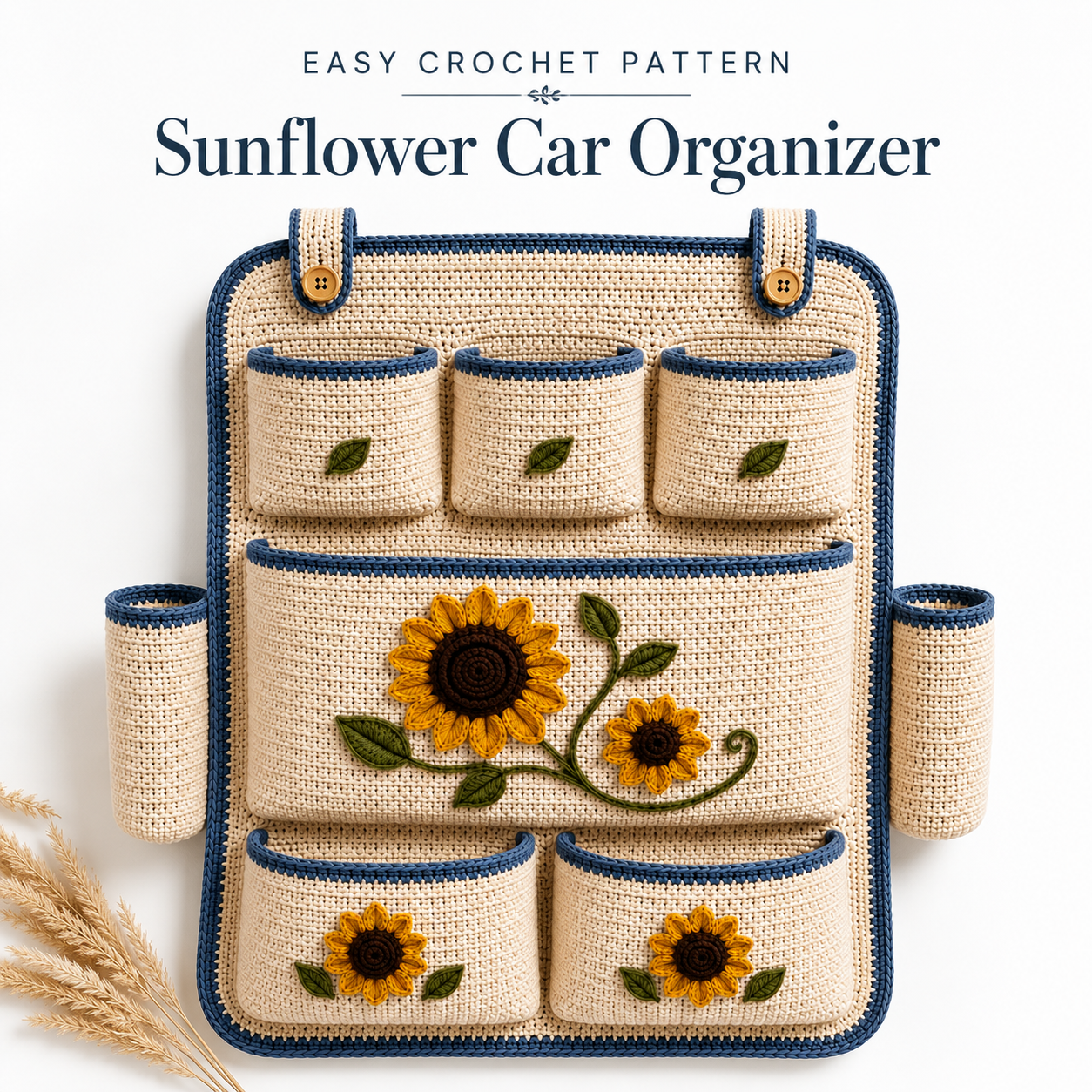Handmade sunflower crochet car seat organizer hanging on a vehicle seat with practical storage for road trips, kids' essentials, and travel accessories.