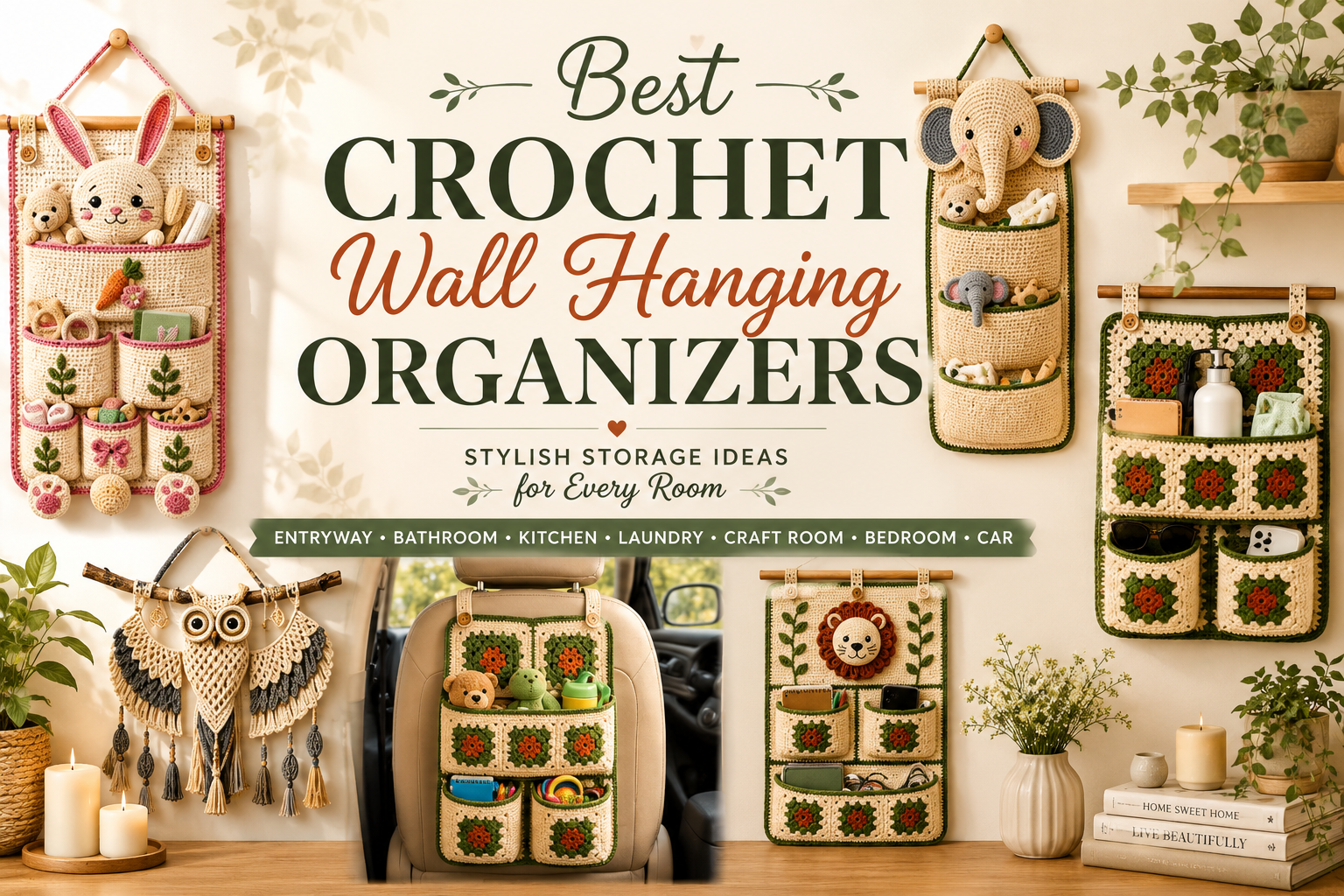 Crochet wall hanging storage organizers displayed in different rooms including entryway, bathroom, kitchen, bedroom, craft room, laundry room, and car organizer ideas.