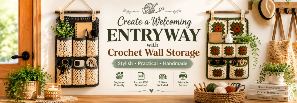 Crochet wall hanging organizer for entryway storage with multiple pockets for keys, mail, sunglasses, and daily essentials.