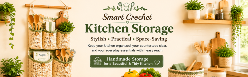 Crochet kitchen wall organizer with hanging storage pockets for wooden utensils, recipes, and cooking accessories.